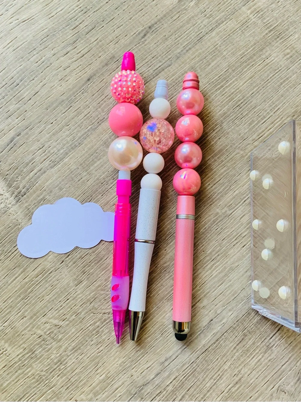 Homemade Crafted Beaded Pens & Pencils w/ Acrylic Pen Holder Stationery Set OS